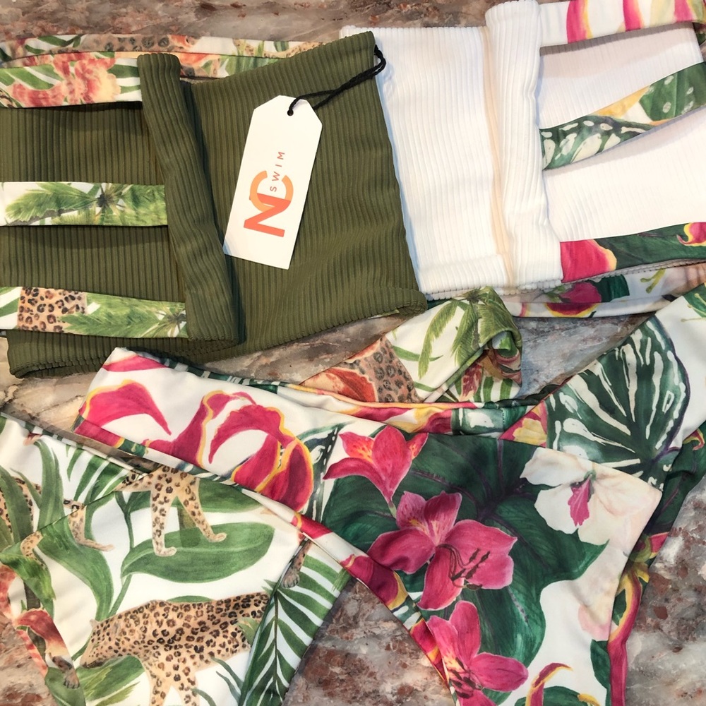 olive and white bandeau bikini sets